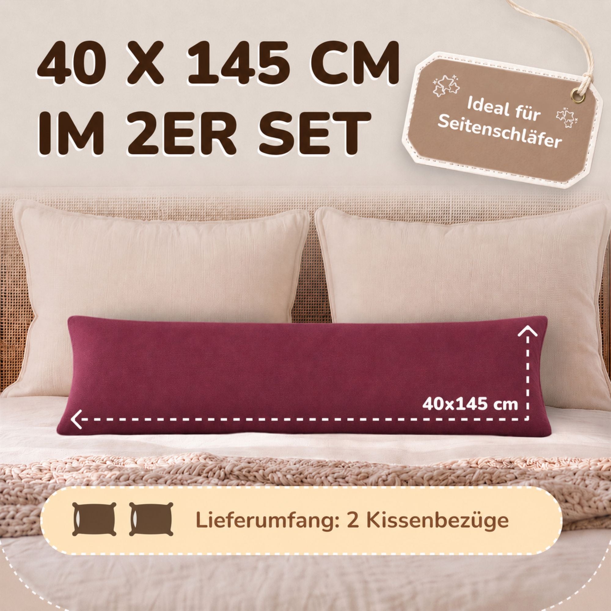 Kissenbezüge 2er Set 40x145 cm - 100% Baumwolle, stilvoll und gemütlich