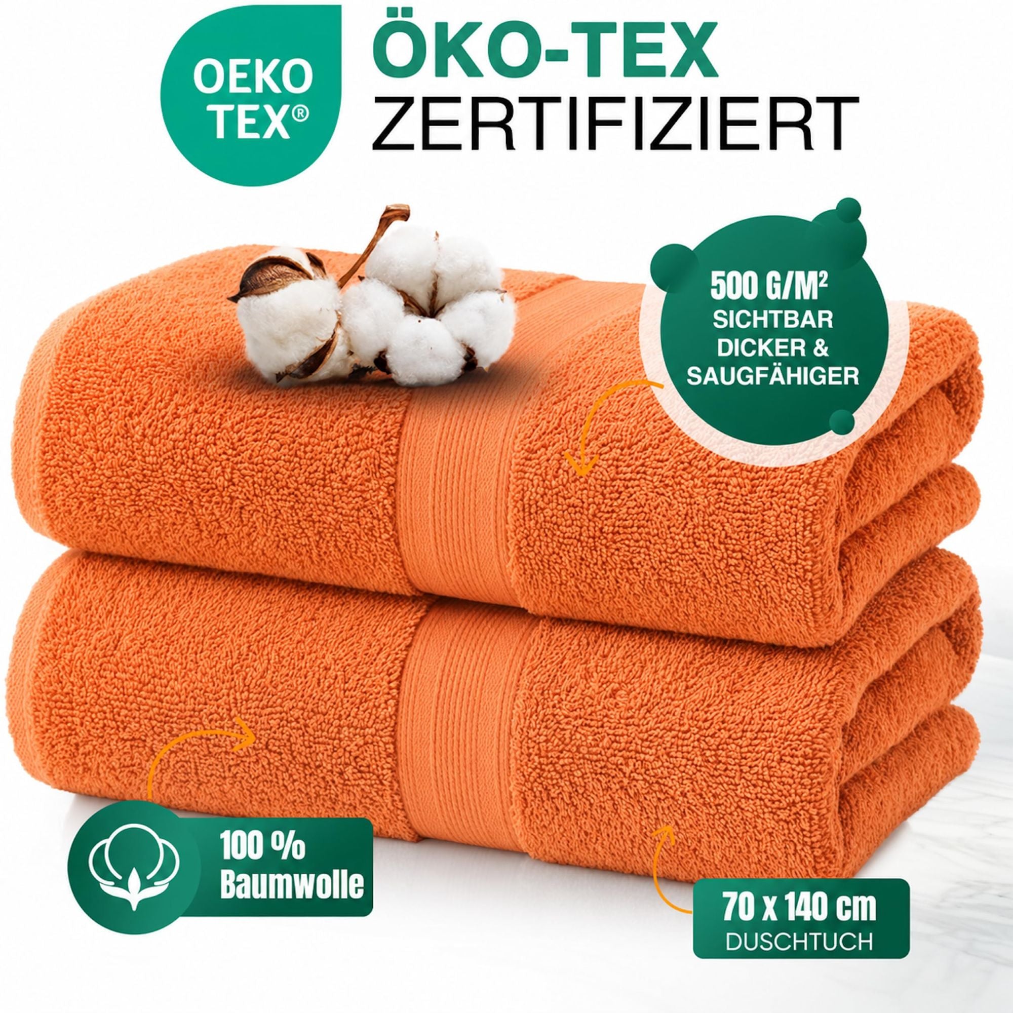 Duschtücher im 2er Set – 100% Baumwolle, 70 x 140 cm, weich und saugfähig