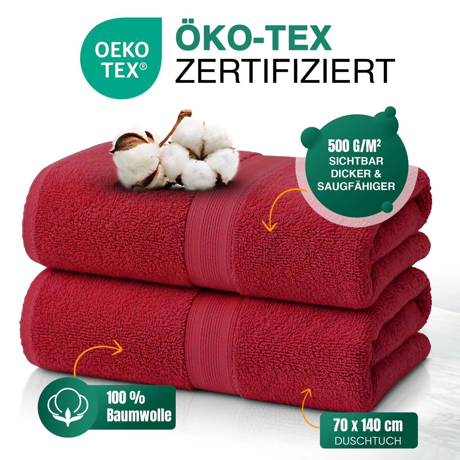 Duschtücher im 2er Set – 100% Baumwolle, 70 x 140 cm, weich und saugfähig