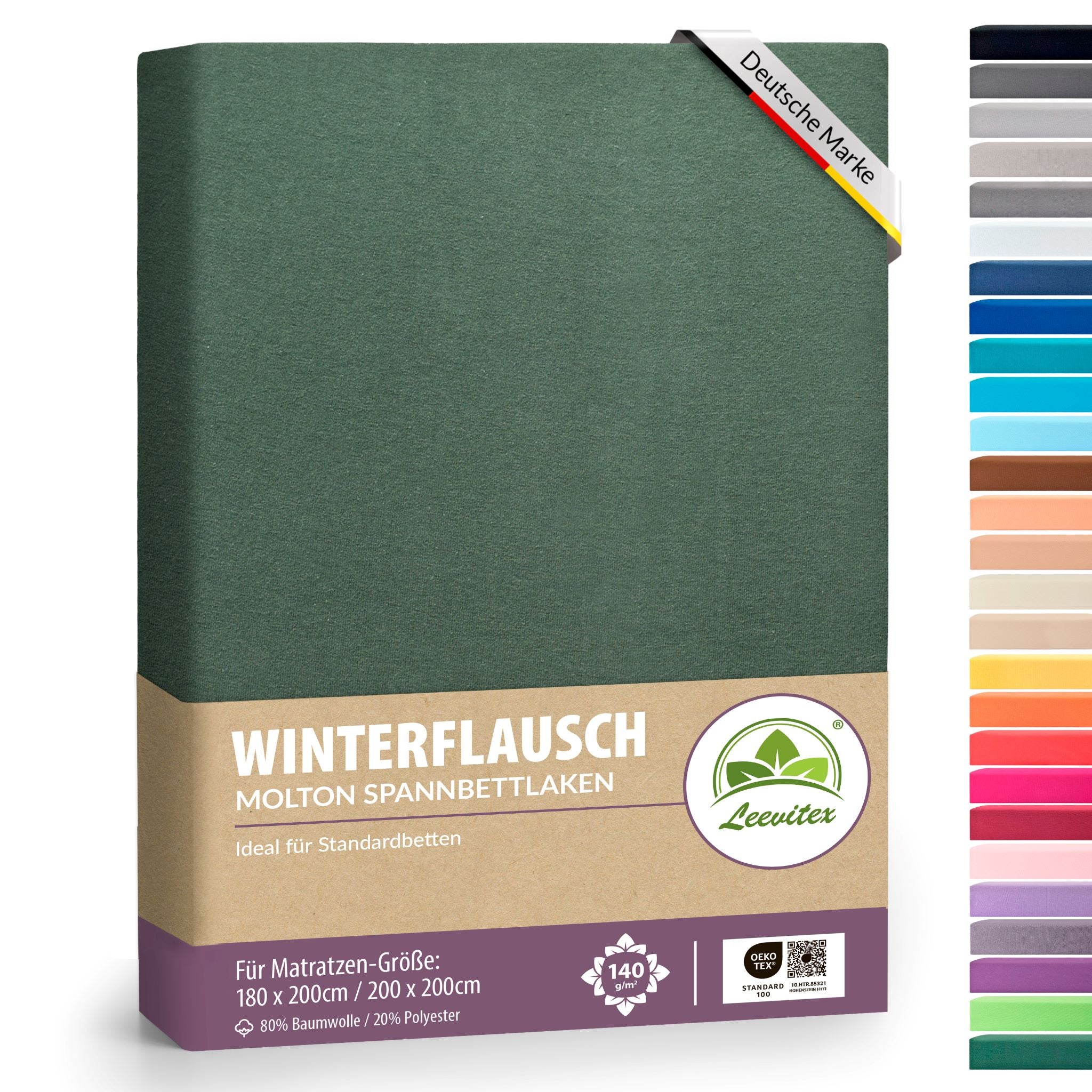 Winter-Spannbettlaken Dunkelgrün 180x200 cm in Verpackung von Leevitex