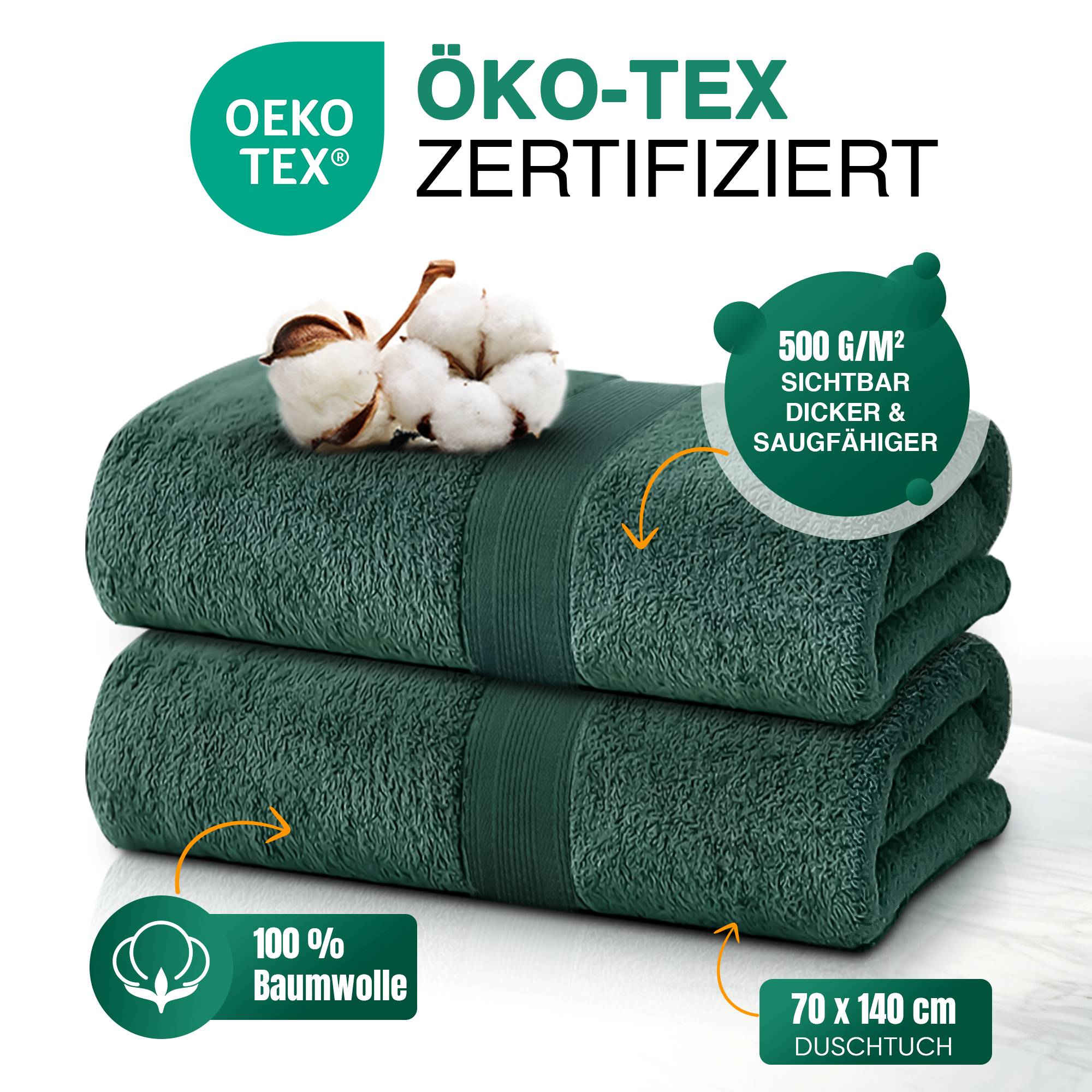 Duschtücher im 2er Set – 100% Baumwolle, 70 x 140 cm, weich und saugfähig