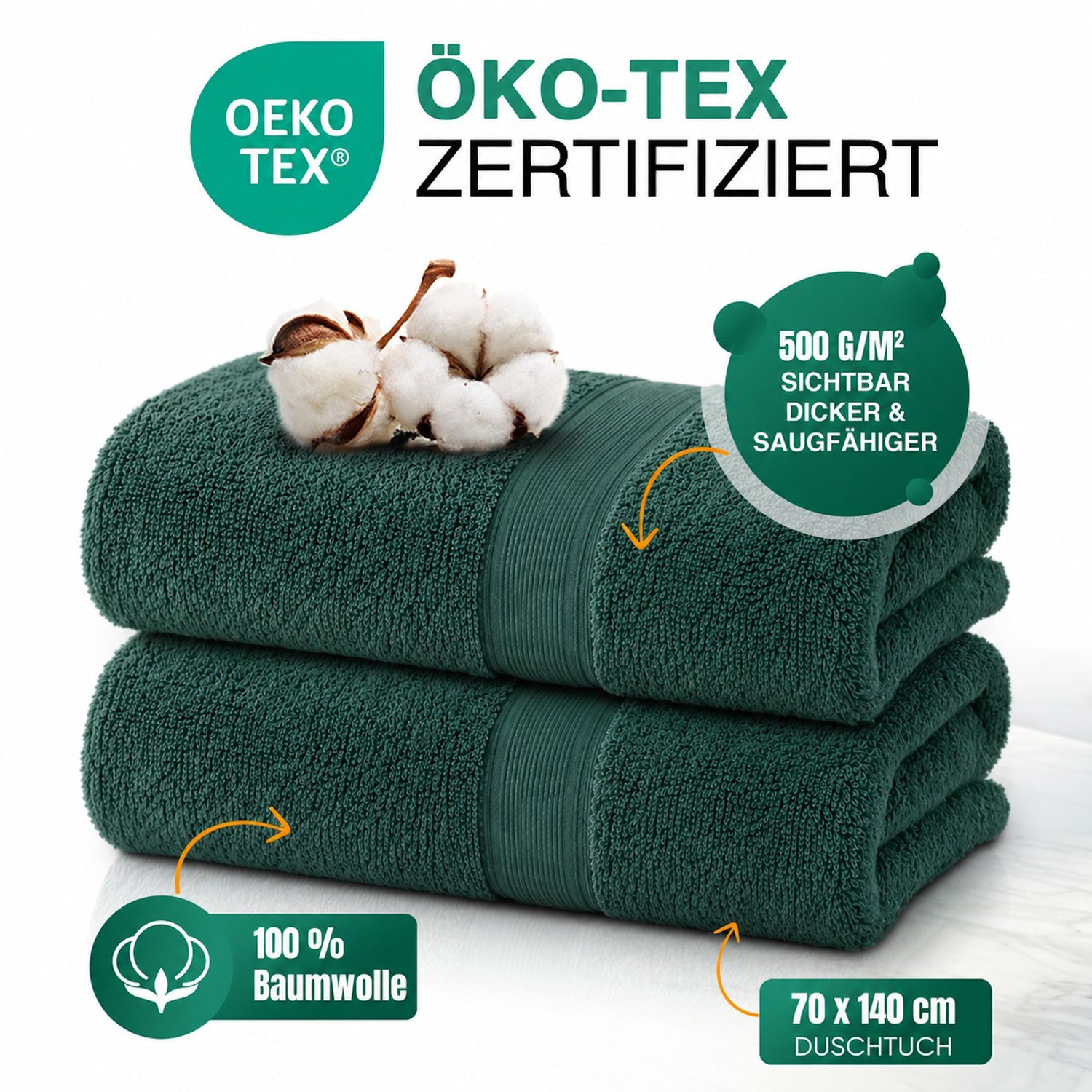Duschtücher im 2er Set – 100% Baumwolle, 70 x 140 cm, weich und saugfähig