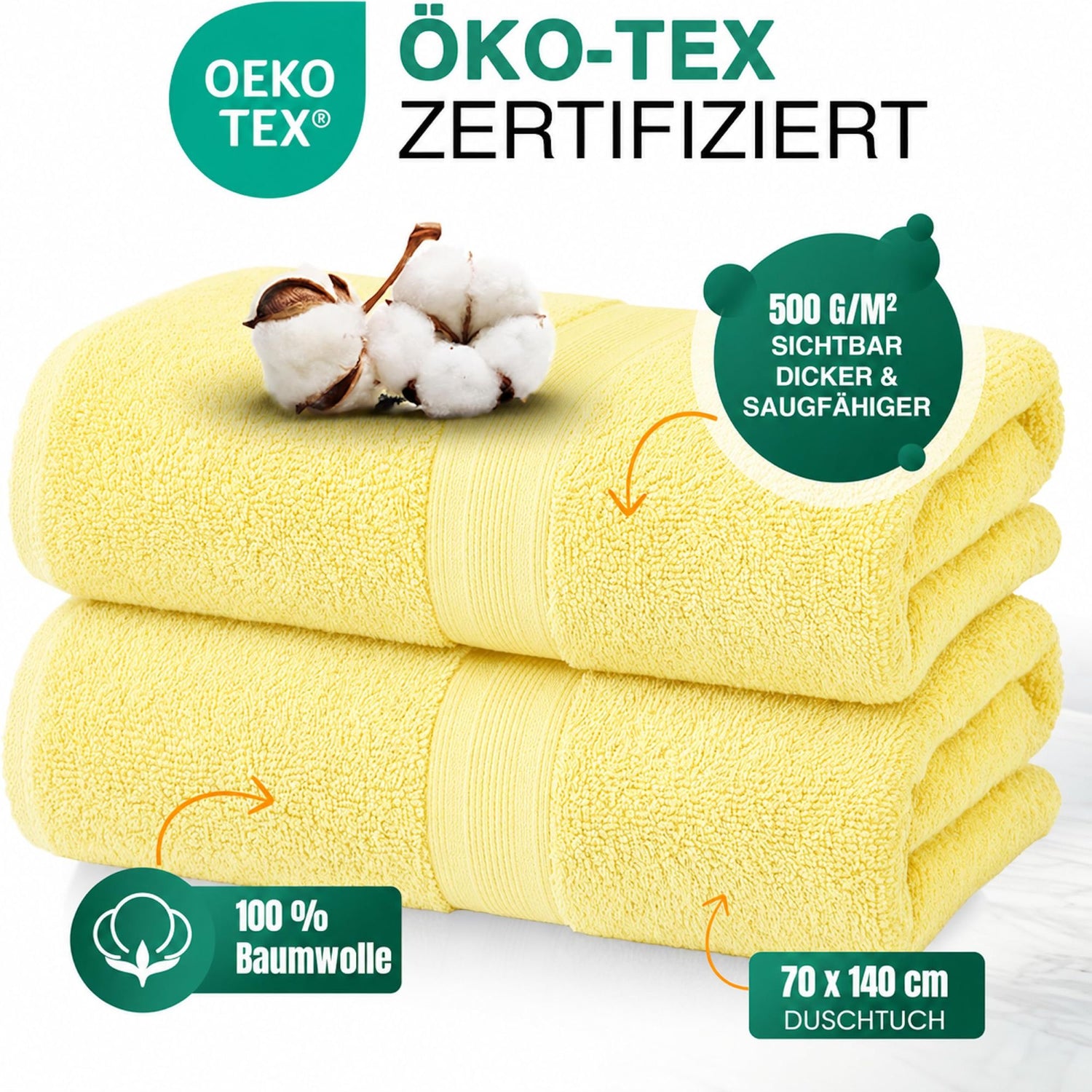 Duschtücher im 2er Set – 100% Baumwolle, 70 x 140 cm, weich und saugfähig