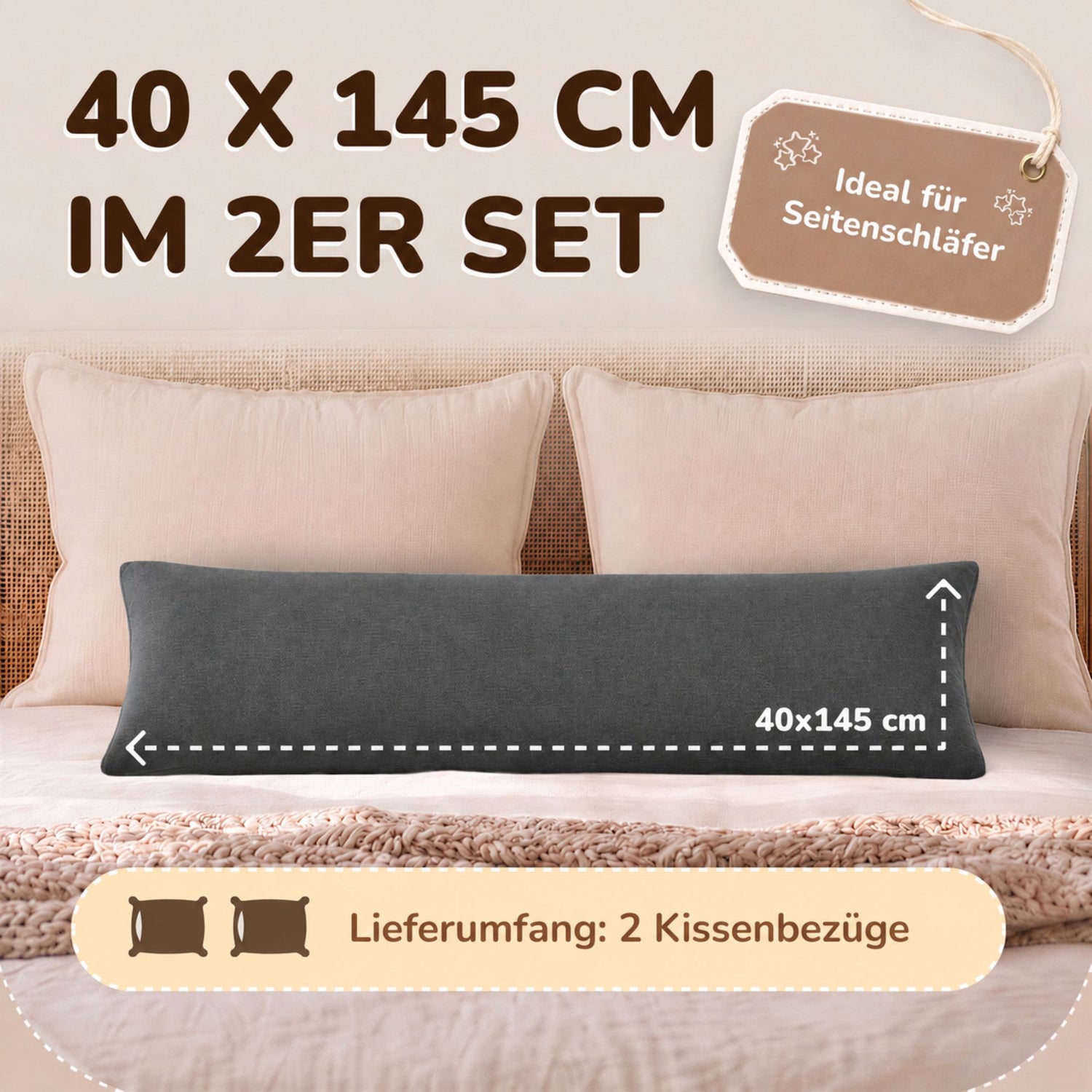 Kissenbezüge 2er Set 40x145 cm - 100% Baumwolle, stilvoll und gemütlich