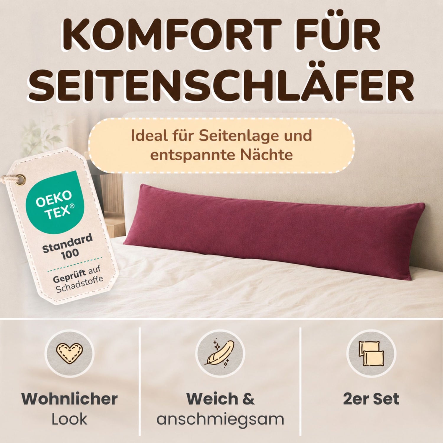 Kissenbezüge 2er Set 40x145 cm - 100% Baumwolle, stilvoll und gemütlich