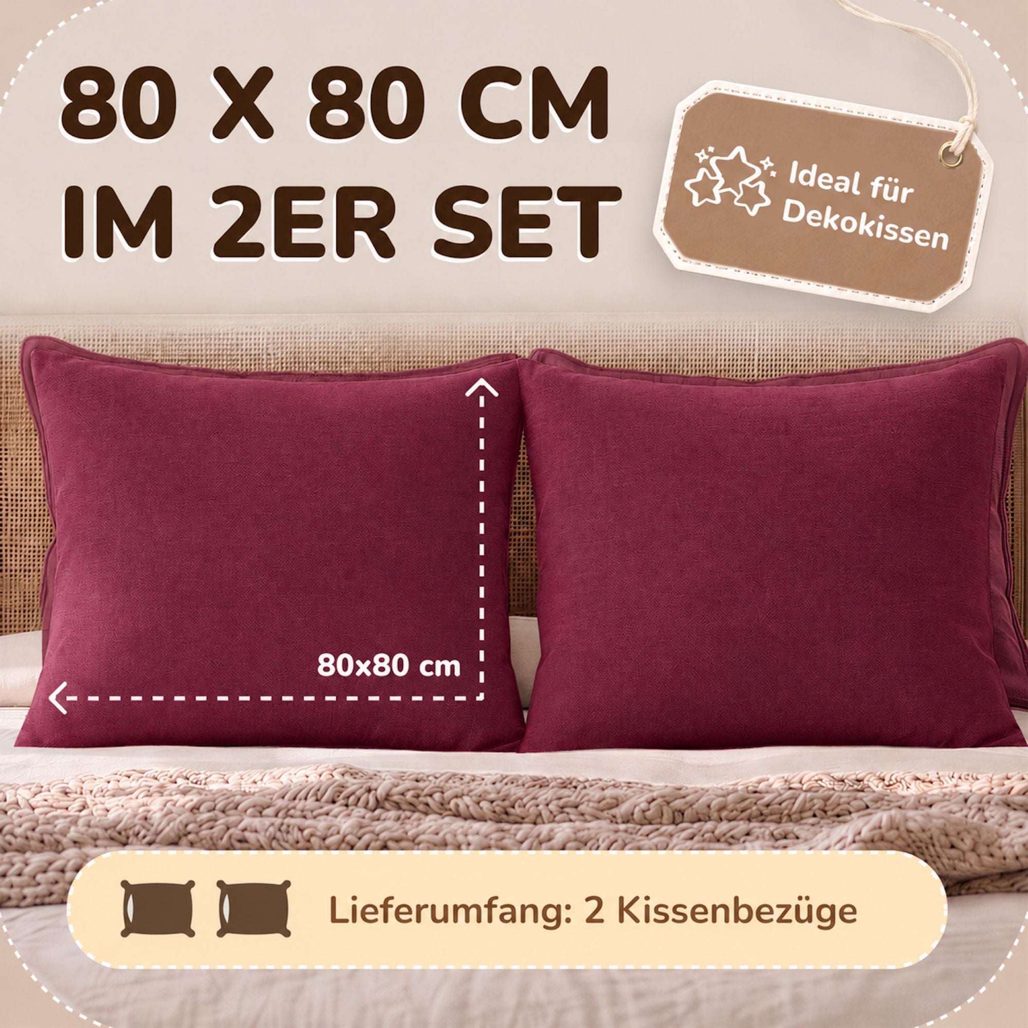 Kissenbezüge 2er Set 80x80 cm - 100% Baumwolle, stilvoll und gemütlich