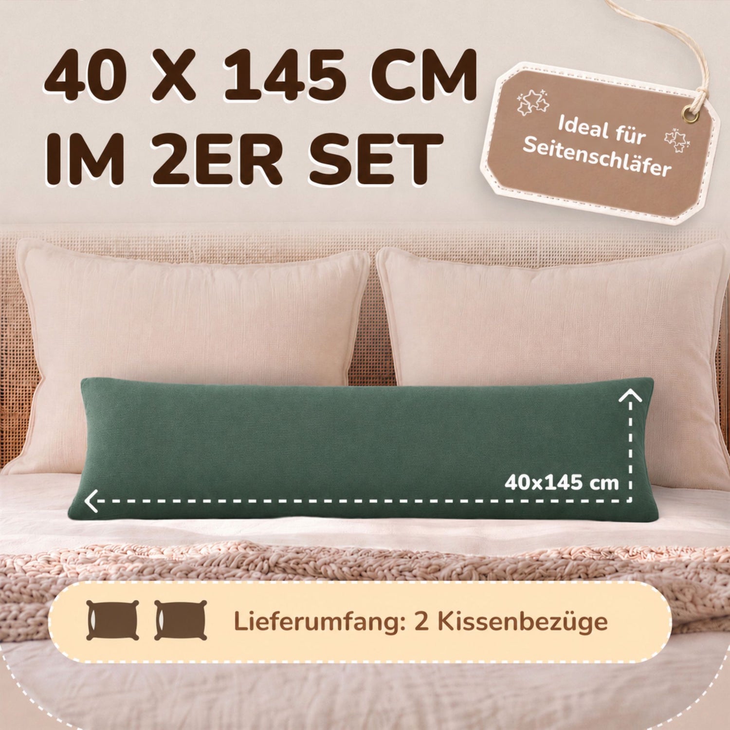 Kissenbezüge 2er Set 40x145 cm - 100% Baumwolle, stilvoll und gemütlich