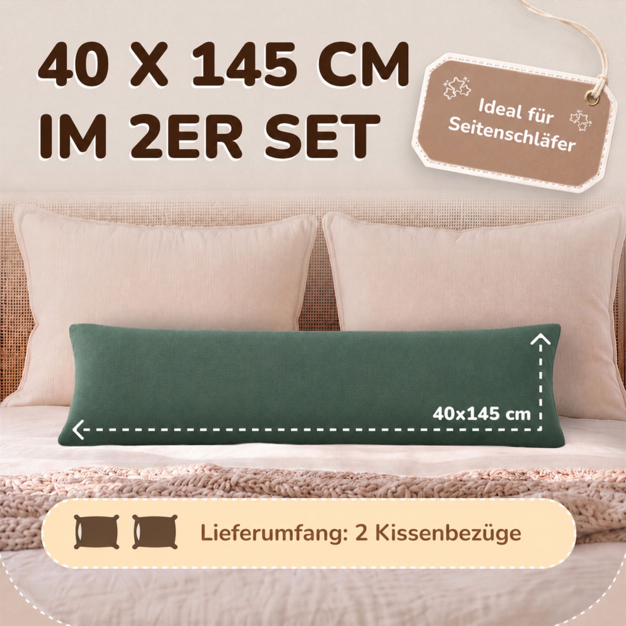 Kissenbezüge 2er Set 40x145 cm - 100% Baumwolle, stilvoll und gemütlich