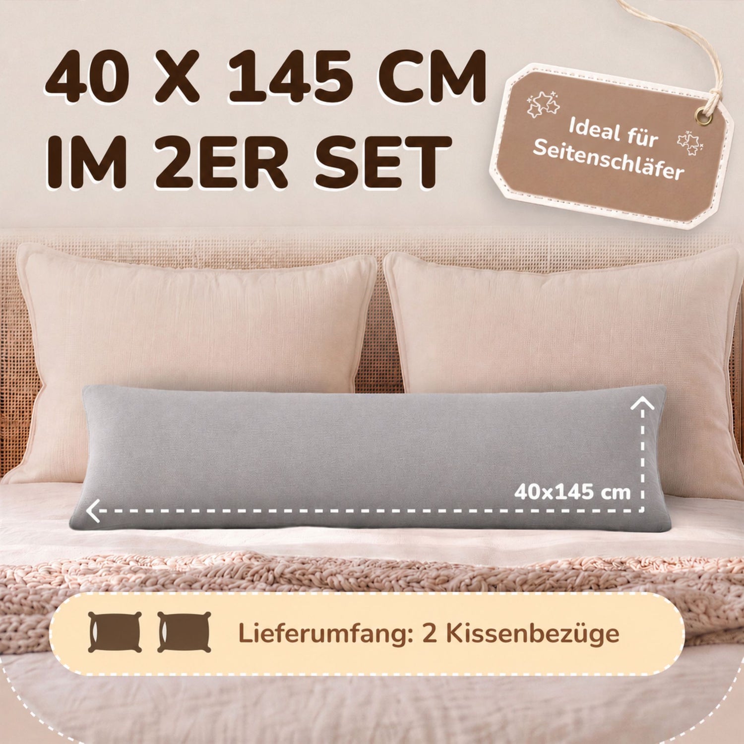 Kissenbezüge 2er Set 40x145 cm - 100% Baumwolle, stilvoll und gemütlich