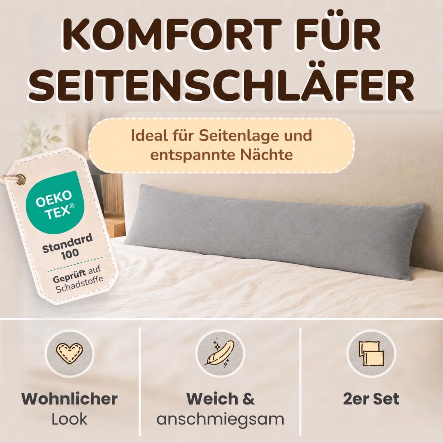 Kissenbezüge 2er Set 40x145 cm - 100% Baumwolle, stilvoll und gemütlich