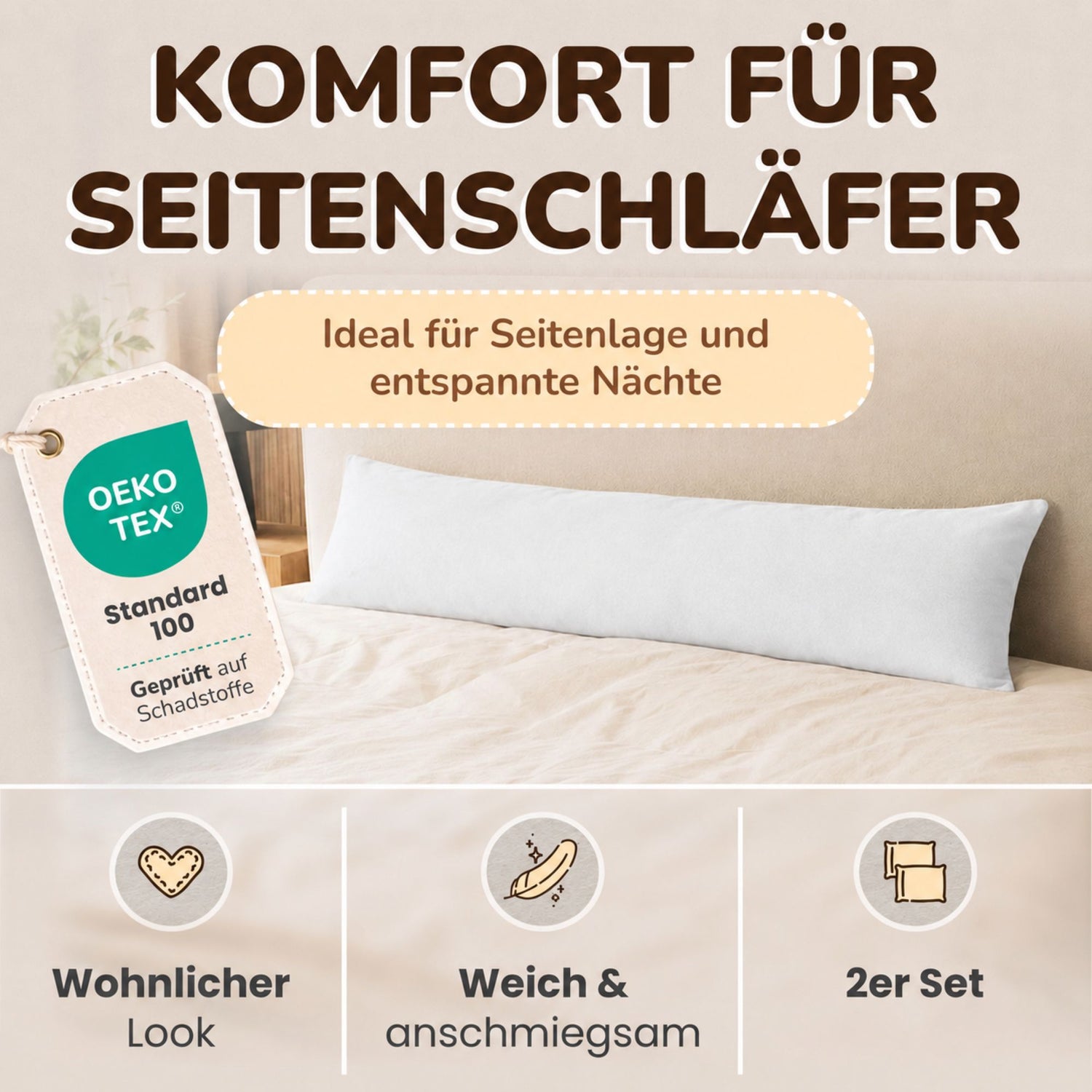 Kissenbezüge 2er Set 40x145 cm - 100% Baumwolle, stilvoll und gemütlich