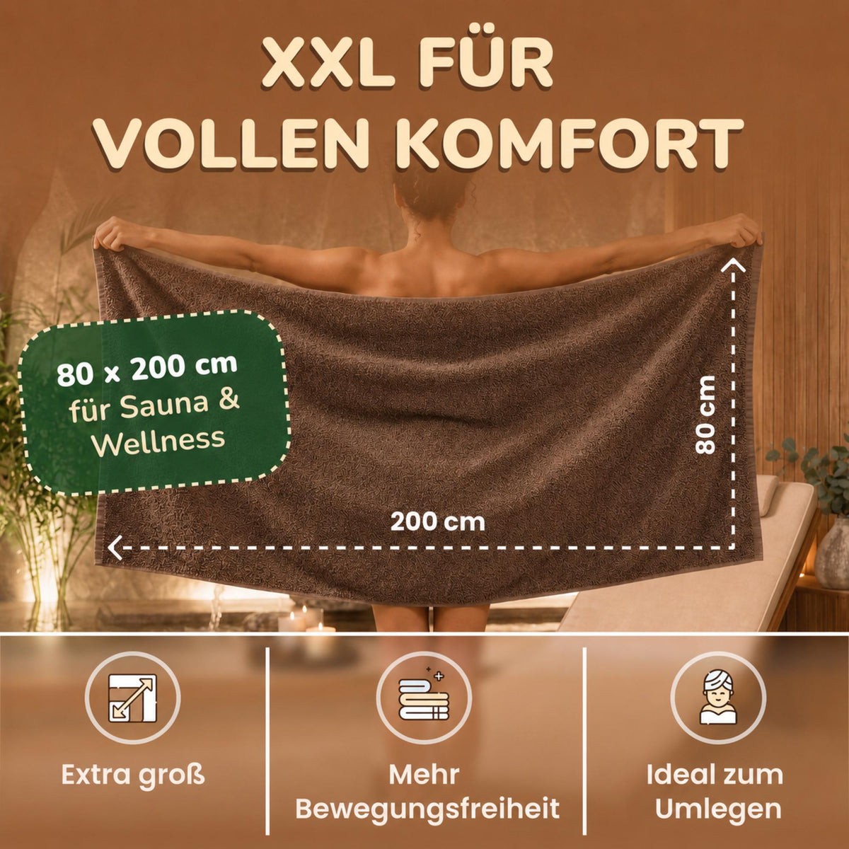 Saunatücher aus 100% Baumwolle im 1er Set – 80 x 200 cm, weich und saugfähig