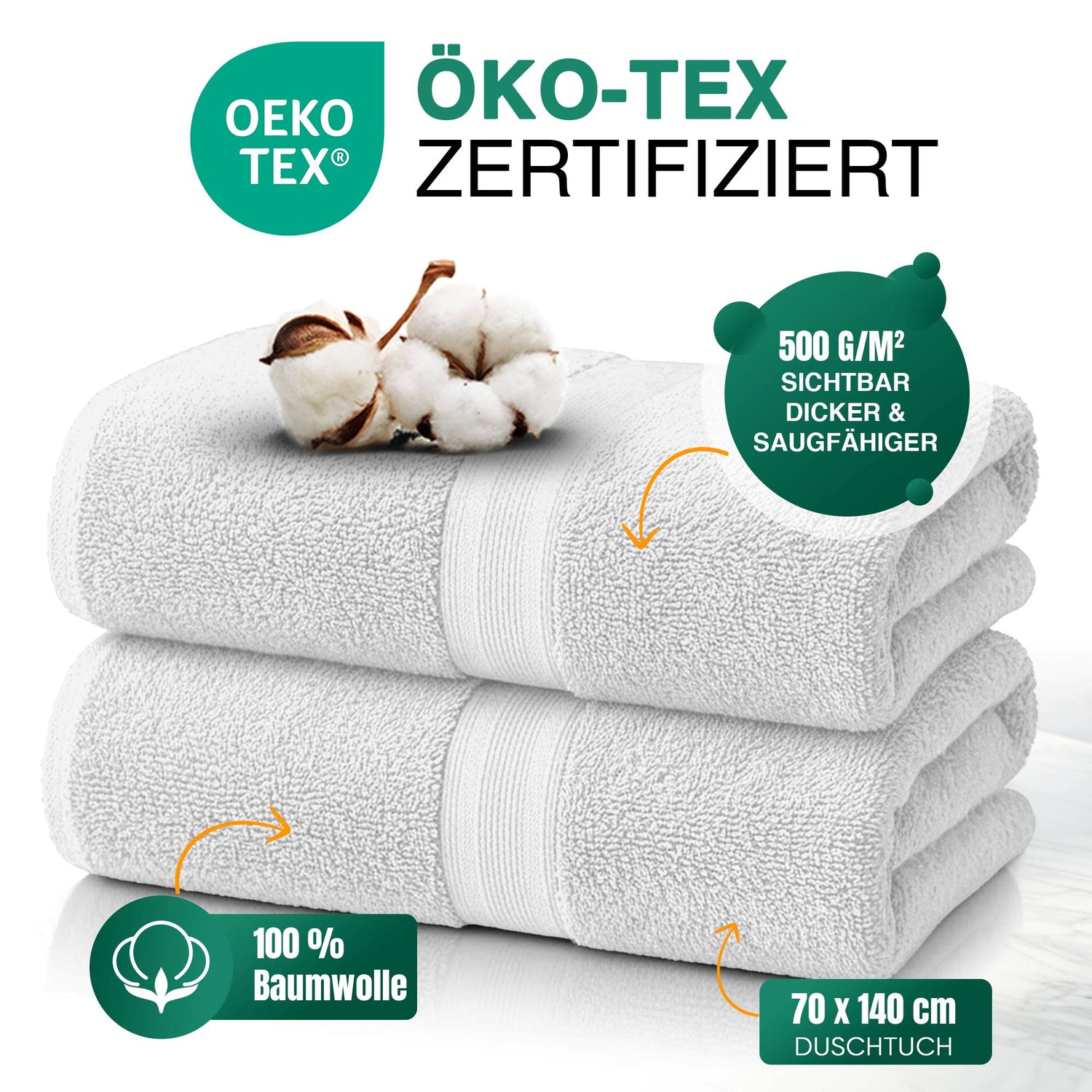 Duschtücher im 2er Set – 100% Baumwolle, 70 x 140 cm, weich und saugfähig
