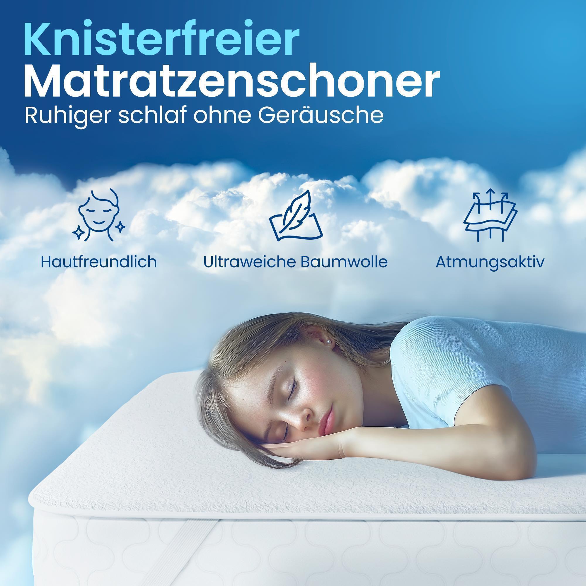 Matratzenschoner - wasserdicht &amp; geräuscharm, 80% Baumwolle und 20% Polyester, atmungsaktiver Matratzenschutz